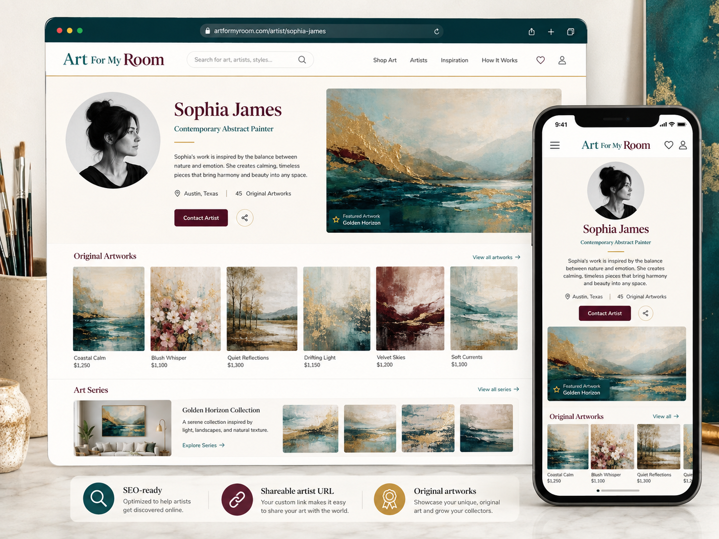 Example Art For My Room artist website shown on desktop and mobile, with an artist profile, original artworks and Art Series.