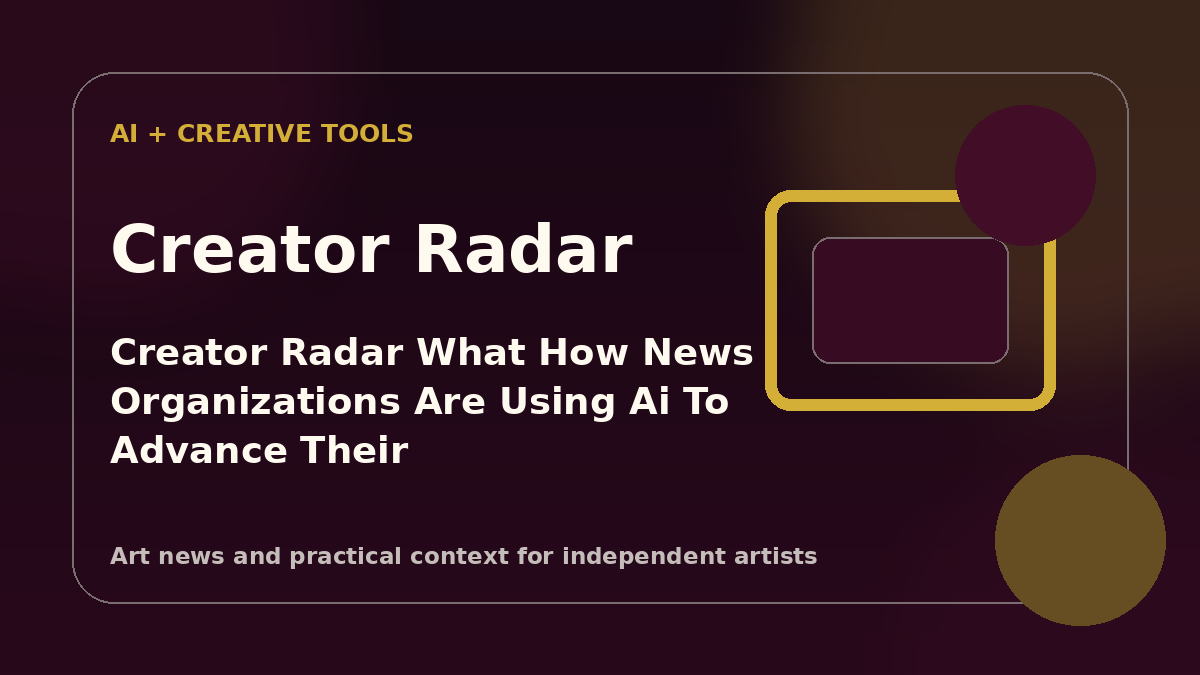 Editorial graphic displaying a digital artist studio interface with artwork mockups and analytical news data.