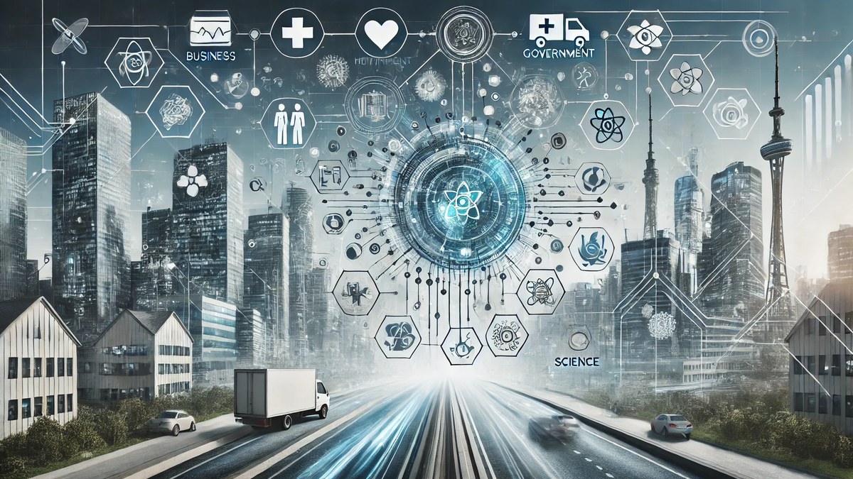 A digital transformation illustration showing various aspects of digital technology seamlessly integrating into everyday life. The image includes repr.webp — licensed editorial image